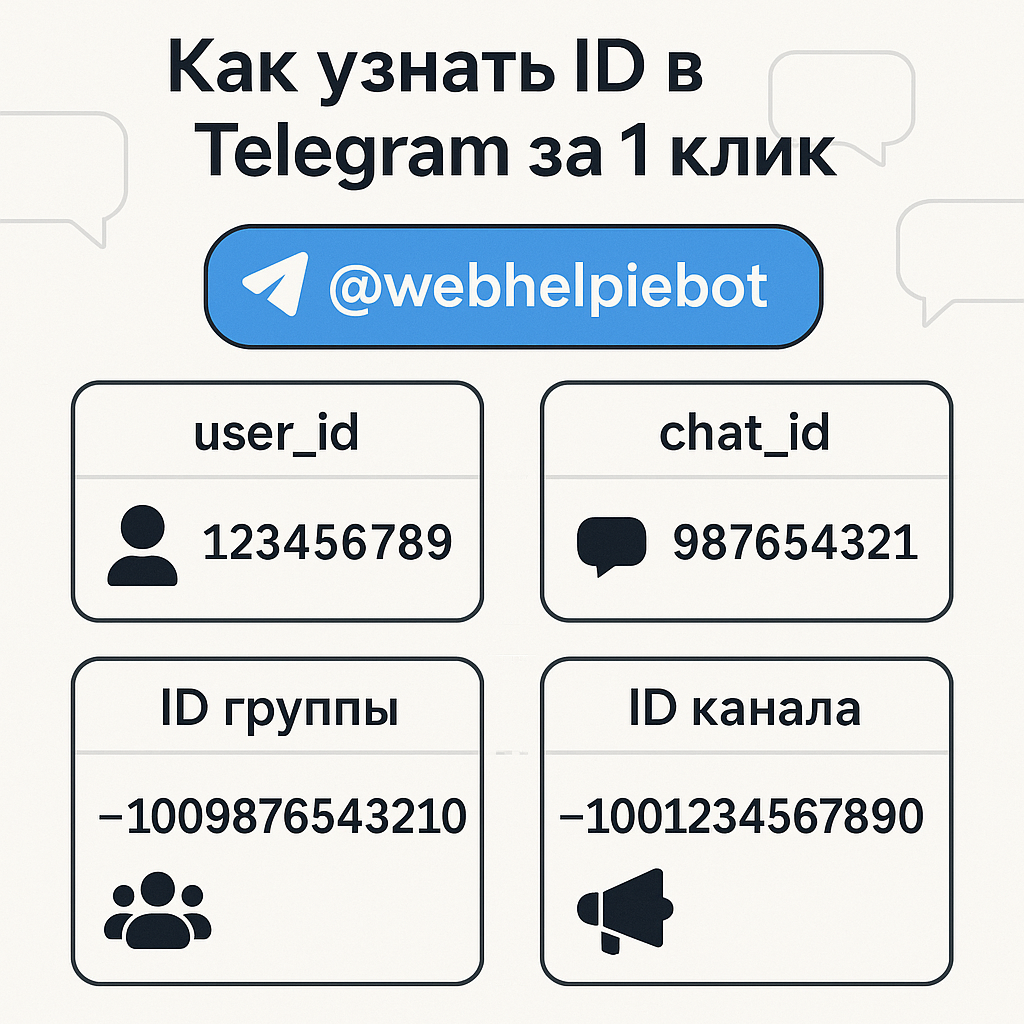 @webhelpiebot очень прост и удобен в использовании: бот сразу показывает user_id, chat_id, ID группы/супергруппы/канала и message_thread_id для форумных тредов. Всё происходит в самом Telegram, без сторонних доступов и сложных инструкций.