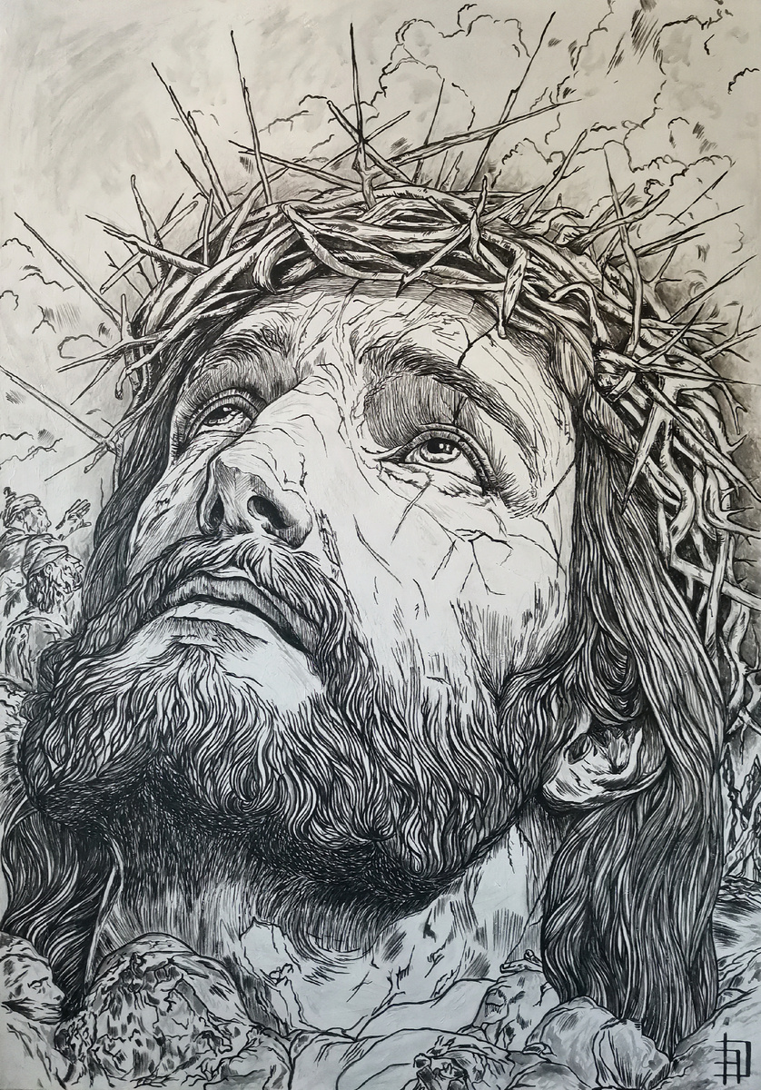 Мари Дагаз. "Поцелуй Неба". Холст 100×70, смешанная техника (акрил, тушь, карандаш). Москва 2025.