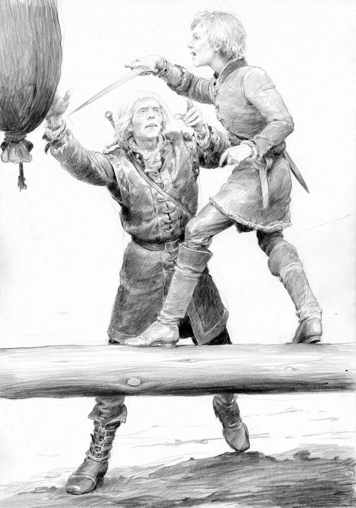 Цири с Геральтом на "маятнике". Иллюстрация Дениса Гордеева.