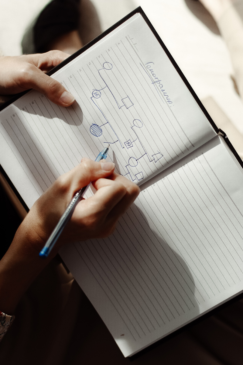 Рисунок генограммы, первый слой, на котором я изображаю схематично членов семьи