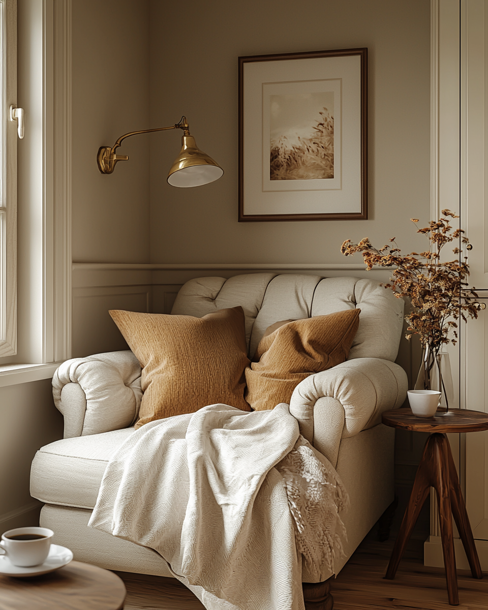 Современный встроенный шкаф обрамляет нишу с креслом из детства. Мягкий свет и новая обивка превратили его в личный уголок для чтения и воспоминаний.