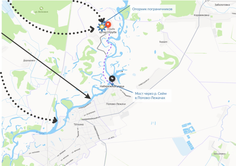    Пунктиром показан отход пограничников к мосту в Попово-Лежачах, который удерживали десантники-срочники/"Яндекс. Карты"/Инфографика Царьграда