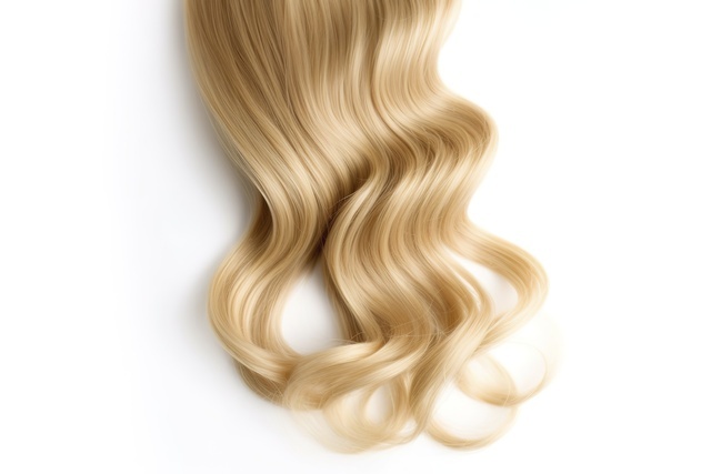    Curly blonde hair isolated on white background. Beautiful healthy long blond hair lock, haircut, hairstyle. Dyed hair or coloring, hair extension, cure, treatment concept Pudra