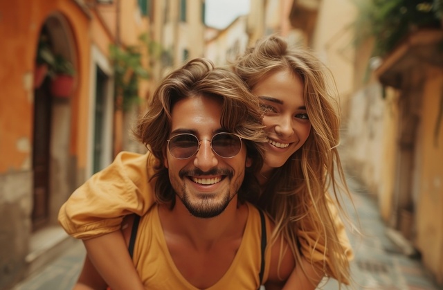    man piggybacking girl on a street in lazio happy couple. Pudra