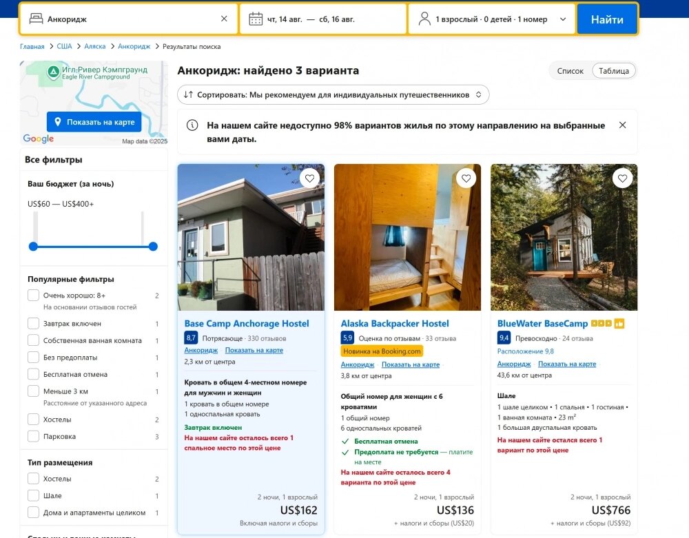    На Аляске забронировано практически все жилье. Скриншот
