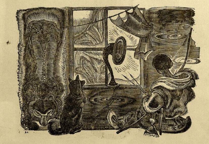 Трагическая иллюстрация художника Петра Староносова (1893-1942) к поэтической книжке Ольги Гурьян «Золотой хвост» (1930). Тунгус Овидерь рассказывает мальчику Тугалю об увиденной в русской деревне «большой трубе», которая «сама поет и играет / кричит о далеко крае / бьет в бубен, послушать любо / и все сама, а не люди».Тугаль внимательно слушает, а ночью вместе с собакой Ниру уходит из «крытого берестой» родного чума, добывать самокриклую трубу. В лесу  они встречают лису с золотым хвостом — «[Тугаль] спустил тетиву, глядит как во сне / лиса подскочила, упала в снег / метнулась и ринулась в чащу, прихрамывая все чаще / А следом Ниру с Тугалем гонятся, настигают».В общем убили лису, а потом выменяли ее шкурку на радио, потому что «нет для людского слуха слаще, чем услышать трубу говорящую».