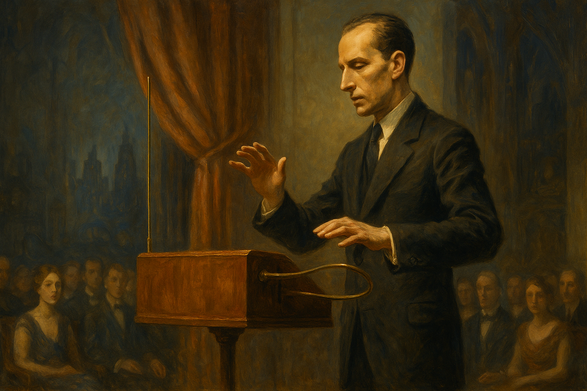 Лев Термен играет на терменвоксе: правая рука — высота тона, левая — громкость.