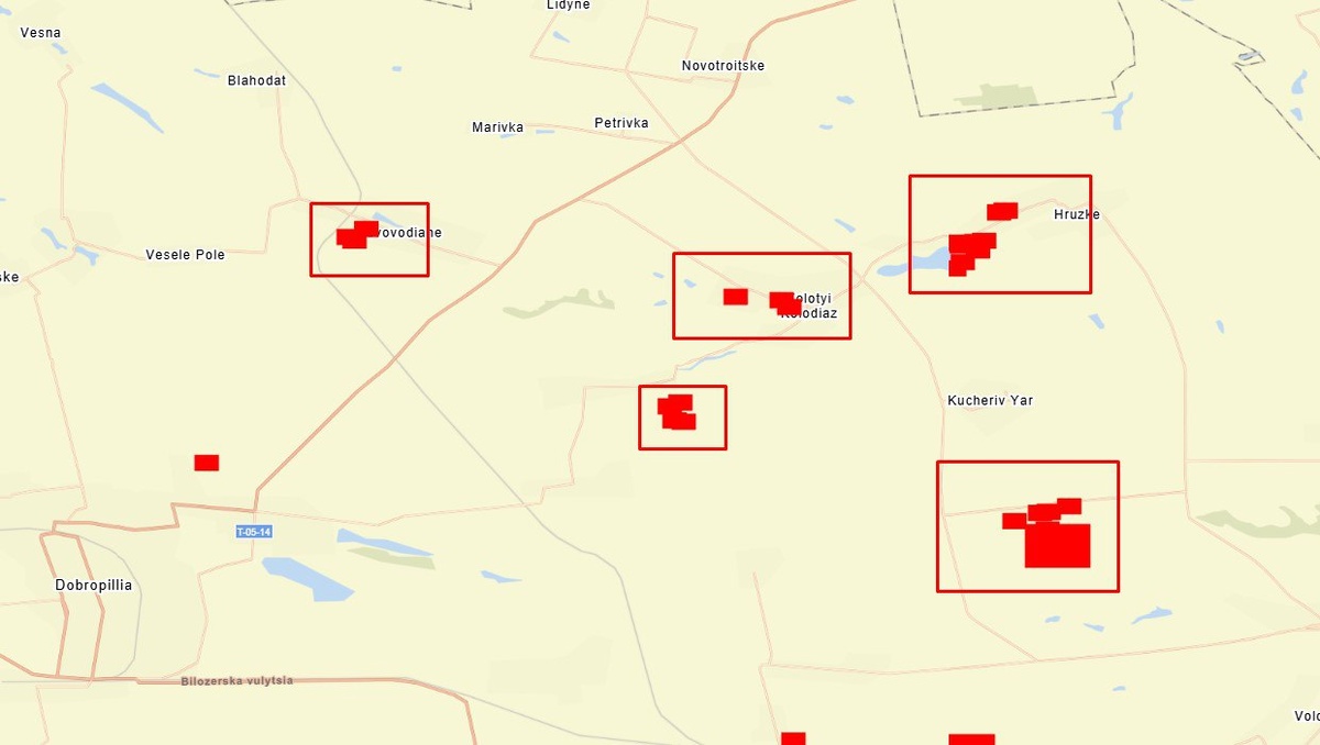 Очаги пожаров к востоку и северо-востоку от Доброполья по состоянию на утро 14 августа