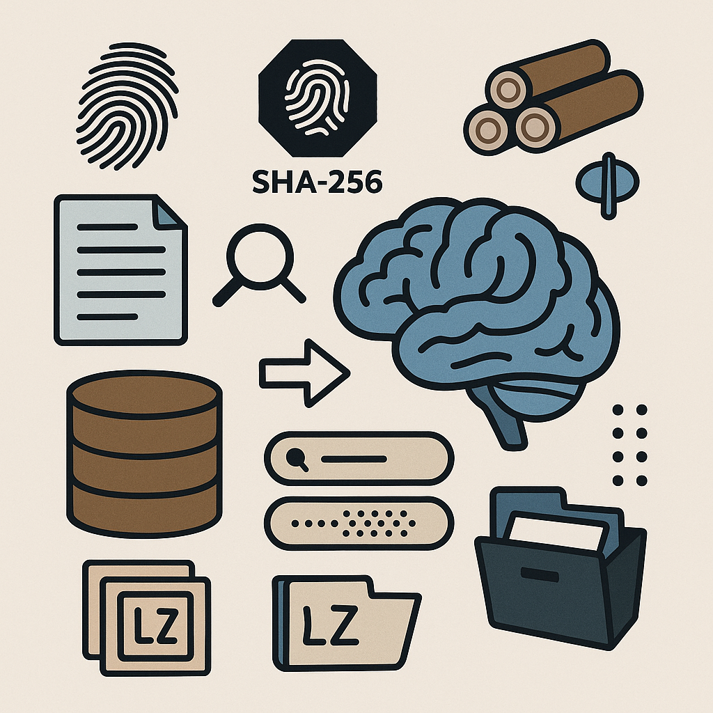 Графическая иллюстрация, отражающая ключевые технологии системы памяти для LLM: мозг с соединёнными линиями, база данных, отпечаток пальца, значки SHA-256, сжатия, поиск и управление файлами, символизирующие дедупликацию, семантический поиск и высокопроизводительное хранение данных.