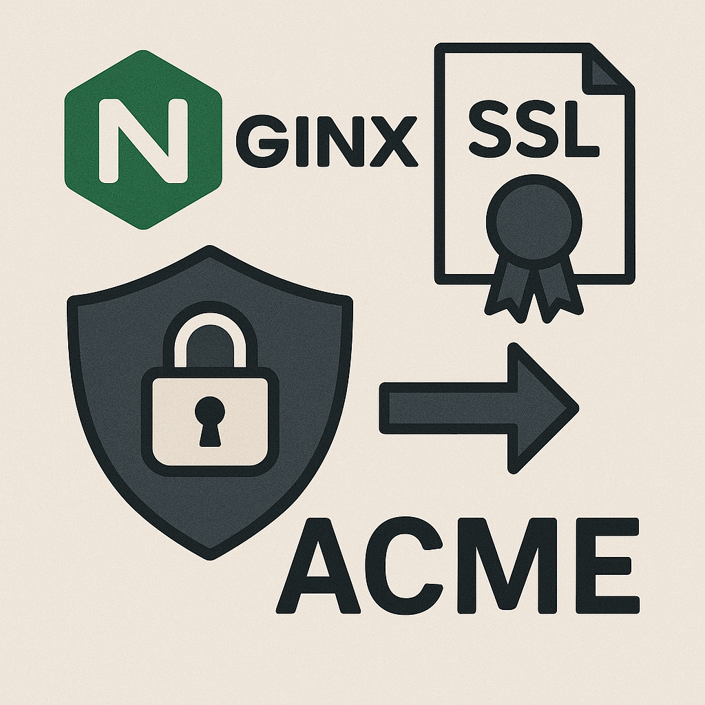 Иллюстрация с логотипом NGINX, замками и сертификатами, символизирующая автоматическую установку и обновление SSL/TLS-сертификатов через нативную поддержку ACME-протокола.