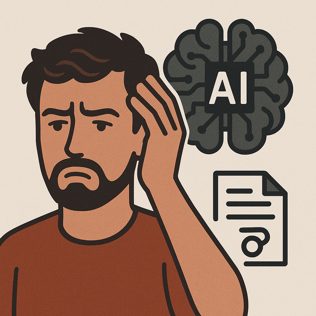 Иллюстрация с мужчиной, держащим голову в задумчивости, и символами искусственного интеллекта, книг и вопроса, передающая кризис идентичности автора на фоне развития AI.