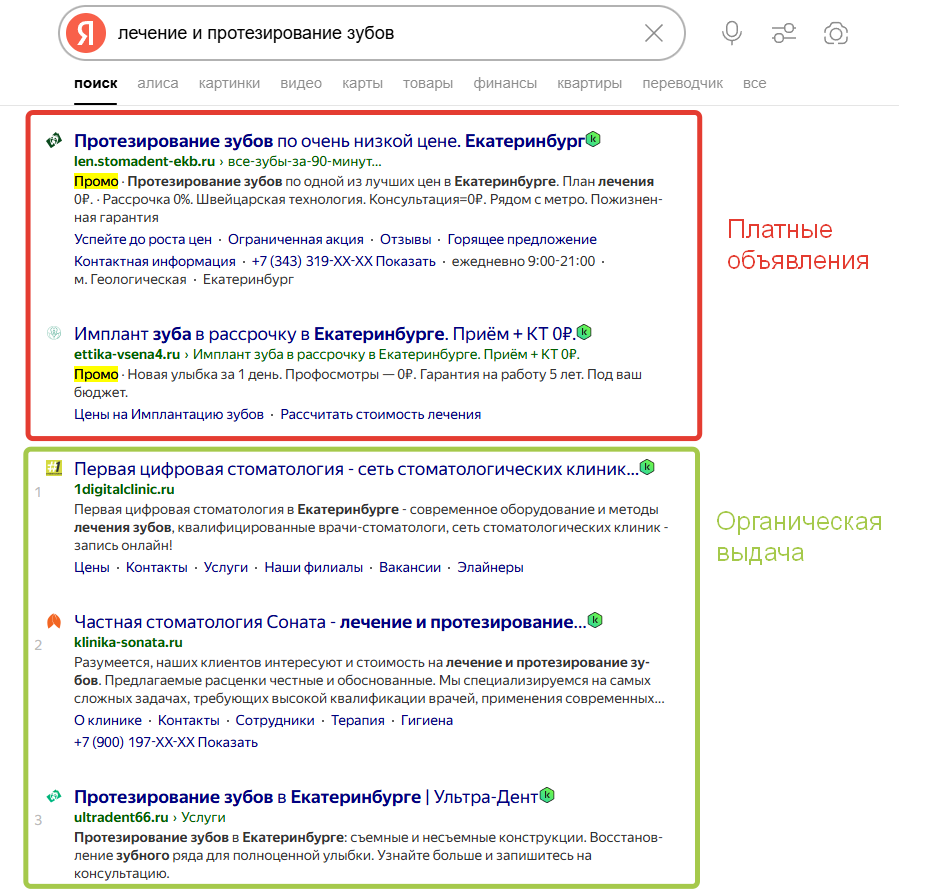 Поисковая выдача с пометками «Промо» и обычными результатами