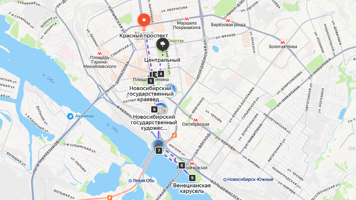 Маршрут прогулки по Новосибирску, день 1. Чтобы открыть карту, нажмите на ссылку в тексте.
