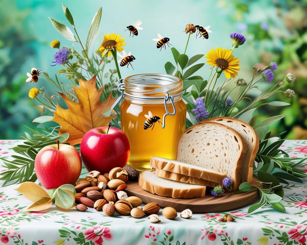 Изображение создано в неросети Kandinsky. Мёд, яблоки, орехи, хлеб
