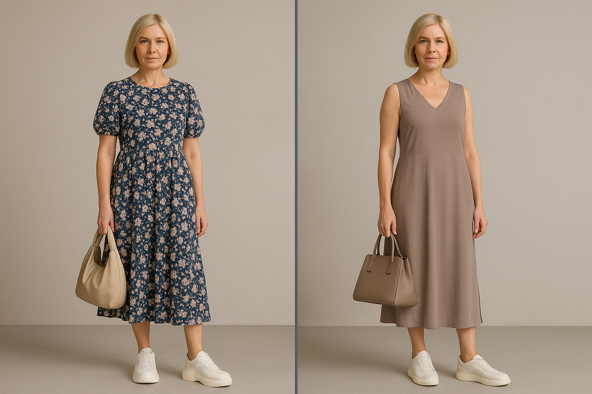 До: цветочное миди из плотного хлопка, громоздкая платформа, кипельно белая пара, мягкая сумка без формы. Низ тяжелеет, голень кажется короче.