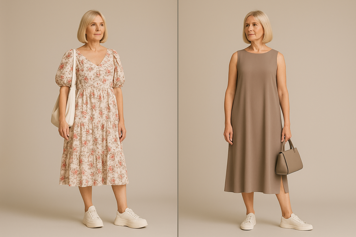 После: струящееся миди, кроссовки молочного оттенка из матовой кожи, боковой вырез ниже, щиколотка открыта, сумка структурированная среднего размера в серо-бежевом оттенке. Комплект стал легче и элегантнее на вид.