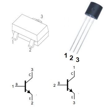 Корпуса биполярных NPN-транзисторов
компании UMW с расположением выводов