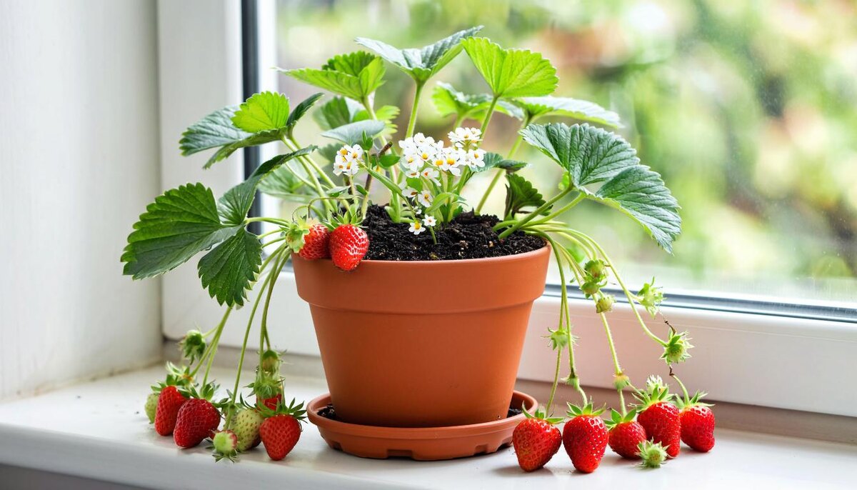 ампельная клубника на подоконнике
