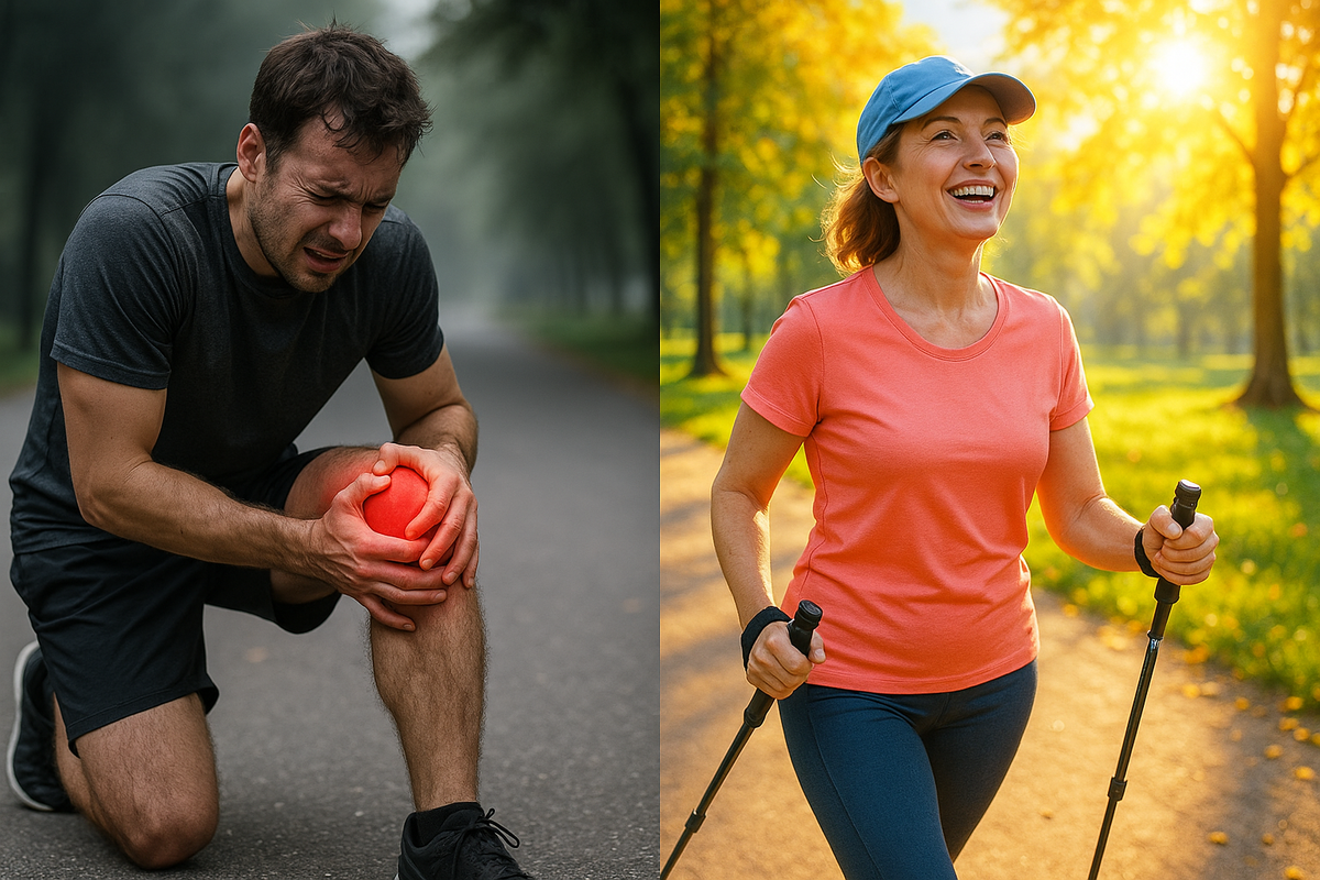 Бегун с болью и скандинавская ходьба.