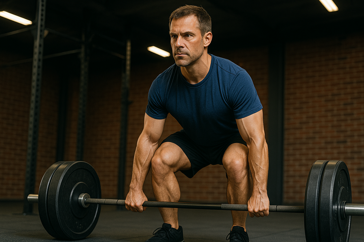Мужчина выполняет становую тягу.