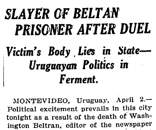 1920 год. Начало статьи New York Times о дуэли со смертельным исходом