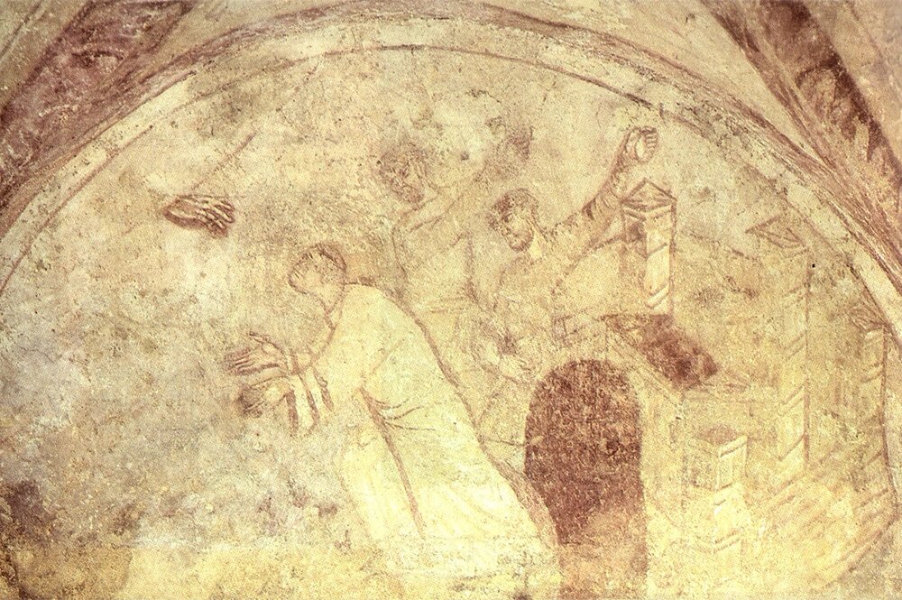    Каменование святого Стефана. Фреска из крипты святого Германа Осерского. Аббатство святого Германа, Осер, 841—857 годы Фото: ru.wikipedia.org/