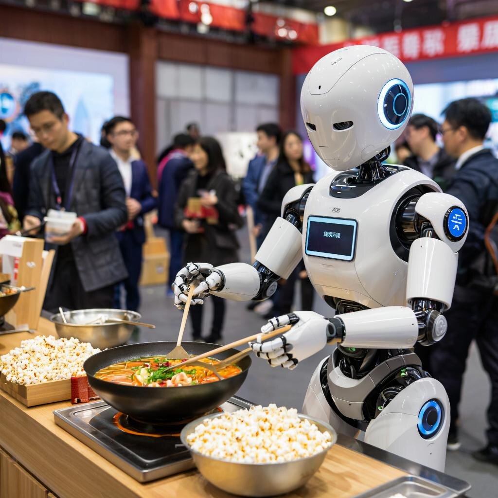 Роботы на конференции WAIC 2025 в Китае готовят одэн и продают попкорн посетителям.
