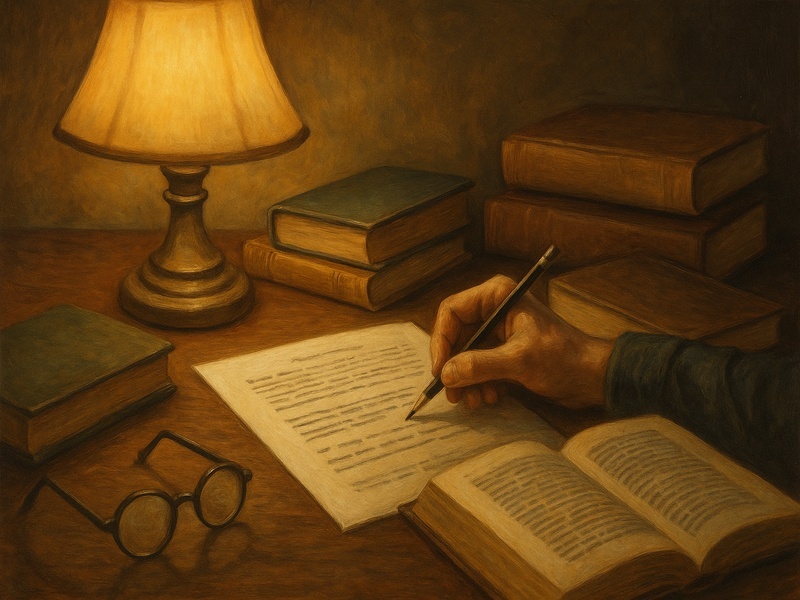 

Рисунок 2. Работа над разбором — книга, лампа и мысли на бумаге