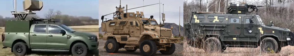 Типичный состав лёгкой бронегруппы противника в Харьковском наступлении сентября 2022 года: 1) машина РЭБ "Букодель", 2) машина РЭР AN/VLQ-12, 3) бронеавтомобиль "Козак".