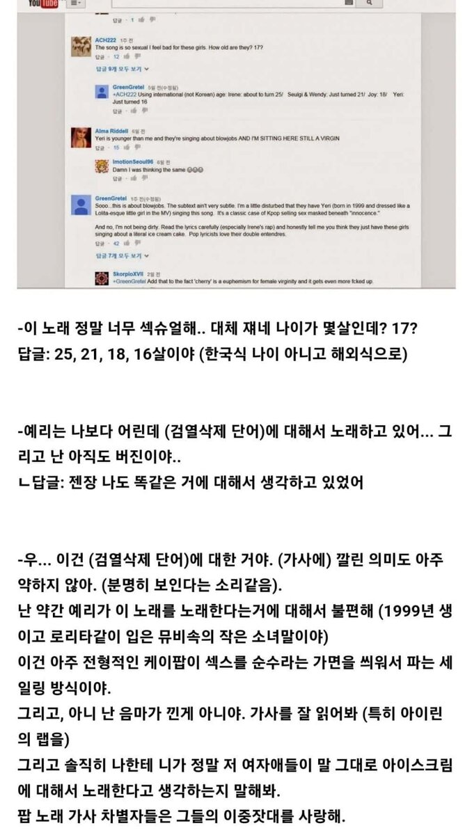    Перевод комментариев: «Песня такая сексуализированная, мне аж обидно за этих девчонок. Сколько им здесь? 17?» 
«По международной (не корейской) системе возраста: Айрин: почти 25 / Сыльги и Венди: только что исполнилось по 21 / Джой: 18 / Йери: только что исполнилось 16» 
«Йери младше, чем я, и они поют про оральный секс, а я такая СИЖУ ЗДЕСЬ, ПРИЧЁМ ВСЁ ЁЩЁ ДЕВСТВЕННИЦА» 
«Блин, у меня те же мысли» 
«Что же… Она про м**еты. Намёки не такие уж тонкие. Меня немного беспокоит, что здесь поёт Йери (1999 года рождения, одетая в этом клипе, словно лолита). Это так типично для K-pop – под соусом «невинной» песенки продавать секс. 
И нет, я не мыслю грязно. Внимательно прочитайте текст песни (особенно рэп Айрин) и только попробуйте после этого честно сказать, что эти девчонки поют про торт-мороженое. Как же авторы текстов любят двойное дно в песнях» 
«Добавьте сюда то, что «вишенка» — это эвфемизм женской девственности, и всё покажется ещё более долбанутым»