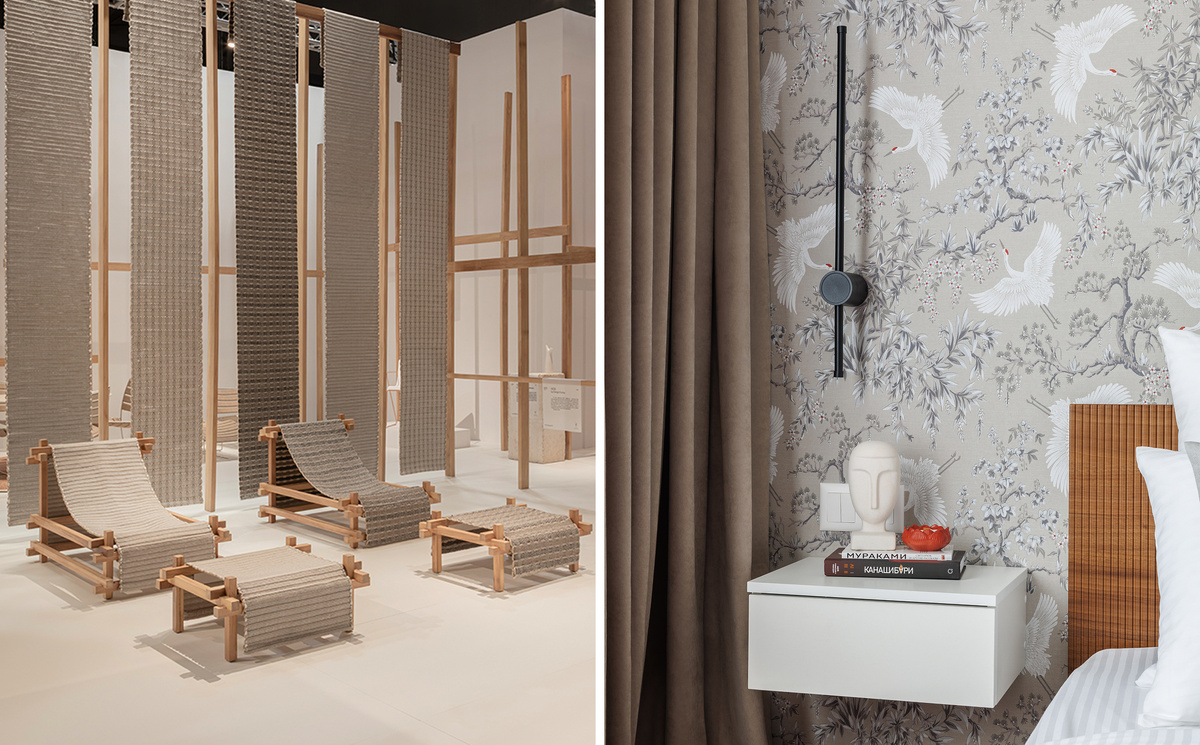 Стенд Gandia Blasco Group x Kengo Kuma на выставке Salone del Mobile 2025 | Обои JA1 001 «Тысяча журавлей» из коллекции Milassa «Сканди Дзен» в проекте Марии Спиридоновой