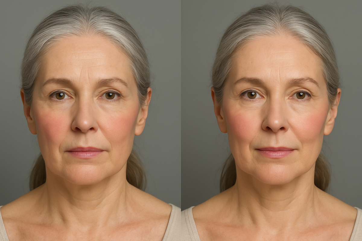 Слева: румяна на «яблочке», опущенное расположение тянет черты вниз, центр лица краснит. Справа: акцент на верхней части скулы, растушёвка вверх и к виску, центр щеки чистый.