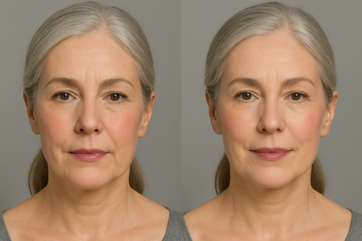 Слева: сухие плотные румяна с крупным шиммером, подчёркнуты поры и складочки, кожа выглядит «пыльной». Справа: кремово-гелевые или тонко размолотые сатиновые румяна, мягкое свечение, рельеф сглажен.