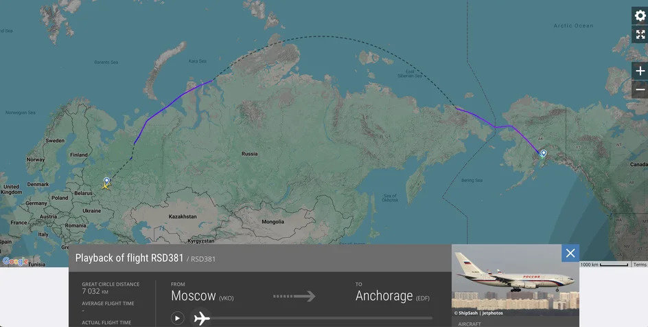 Маршрут одного из спецбортов из Москвы на Аляску