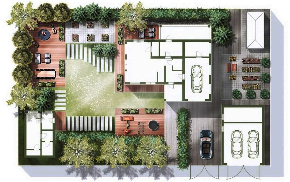 Пример расположения дома и сооружений на участке прямоугольной формы