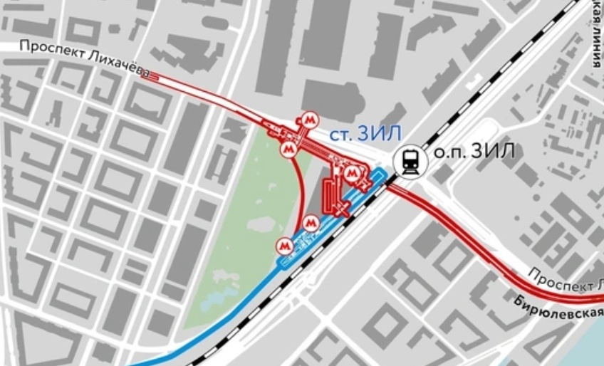 Расположение станции (красным) относительно соседней пересадочной ст. Троицкой линии и ст. ЗИЛ МЦК, изображение из открытых источников