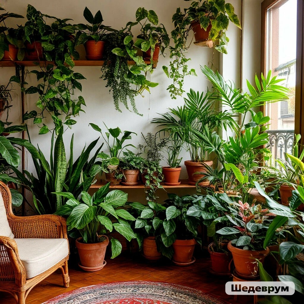 Комната в которой много комнатных растений и цветов. Сгенерировано нейросетью Шедеврум по запросу автора.