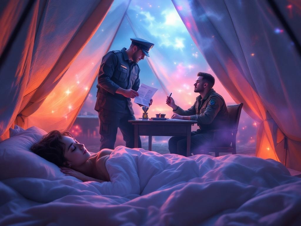    К чему такое снится: На холсте изображена палатка, в которой старшина стоит перед военнослужащим и подает технику документы. Техник сидит за столом и пишет. Также виднеется орден, лежащи