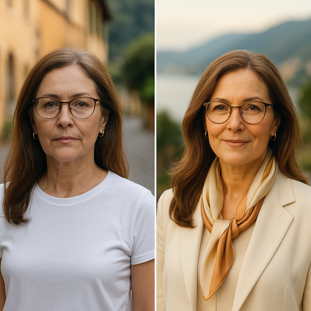 Белый гасит теплую кожу, а сливочный и тёплый шёлк мягко подсвечивают лицо, образ смотрится дороже и моложе