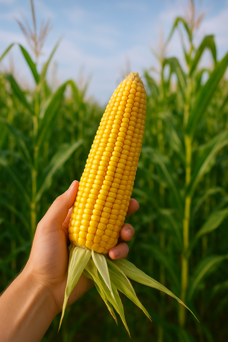 Зрелый початок кукурузы в руке на фоне зелёного кукурузного поля