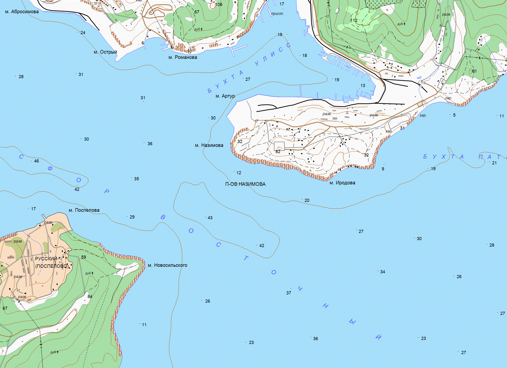 Полуостров Назимова и м. Иродова на южном берегу п-ова Муравьёва-Амурского, на котором расположен Владивосток. Южнее уже остров Русский.