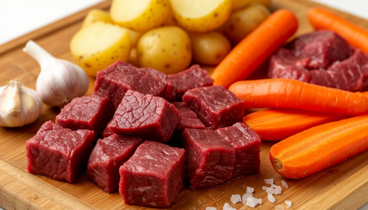 Свежие ингредиенты для домашнего жаркого: говядина, картофель, морковь, лук на деревянной доске