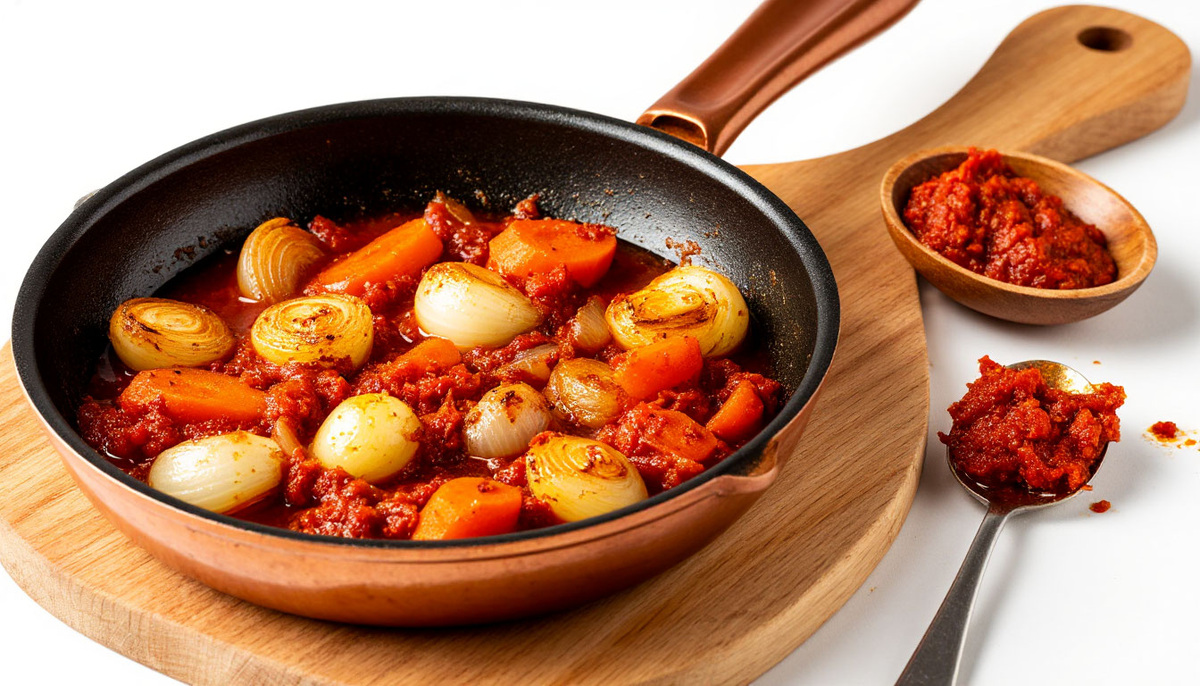 Ароматная основа жаркого: лук, морковь и томатная паста обжариваются на сковороде на деревянной доске