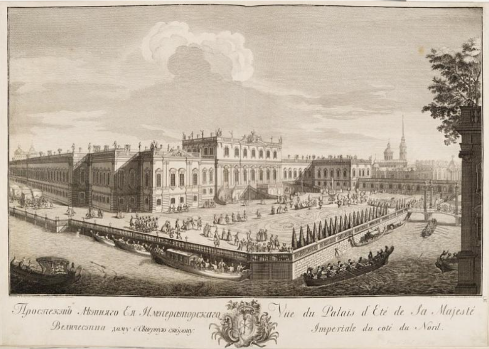 А.А. Греков (по рисунку М.И. Махаева, 1749–1750). Проспект Летнего Ее Императорского Величества дому с Северную сторону. 1750–1751. Офорт, резец. ГРМ.
