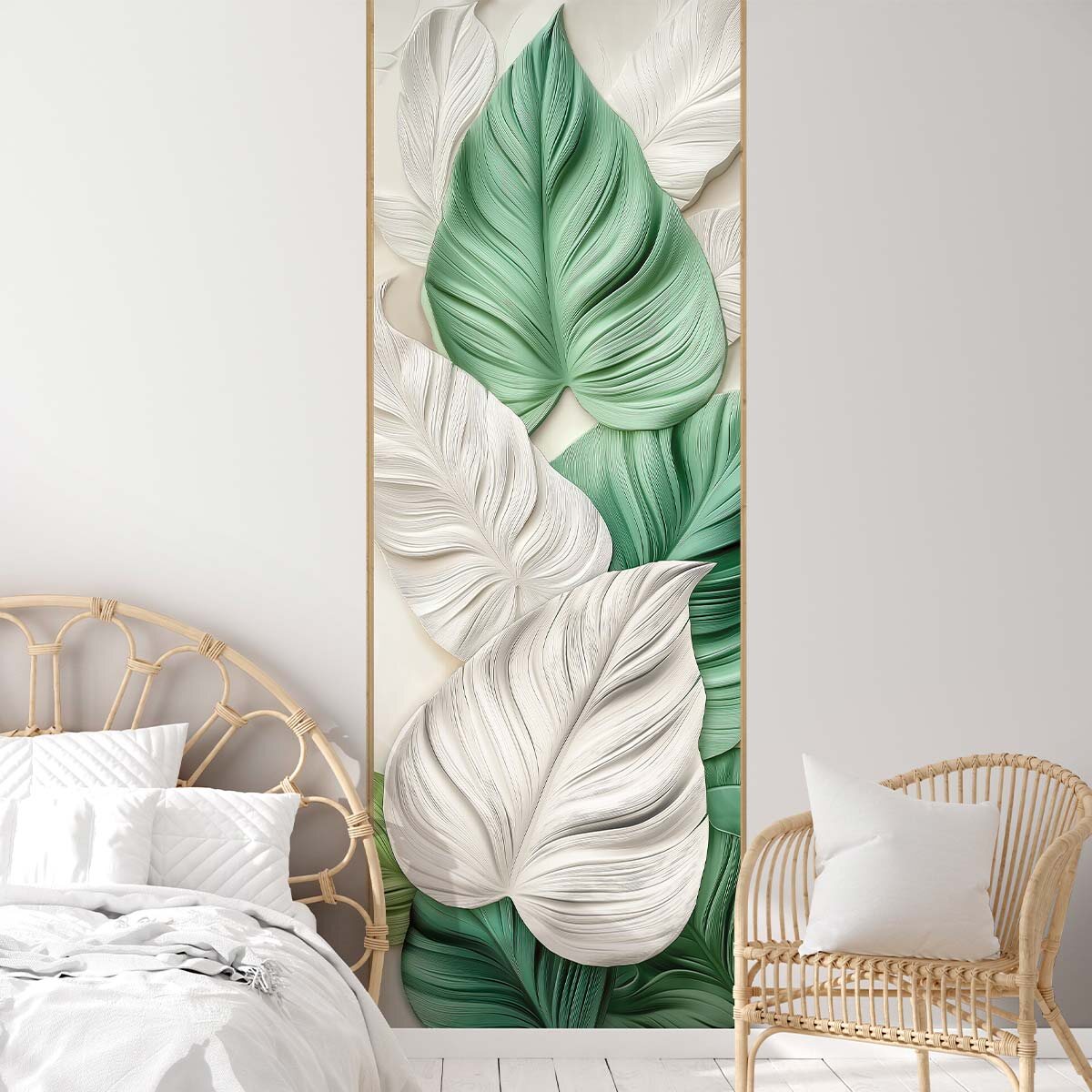 Пример отделки стены обоями молочного цвета и акцентными флизелиновыми фотообоями VEROL. Артикул на WB: 391206508.