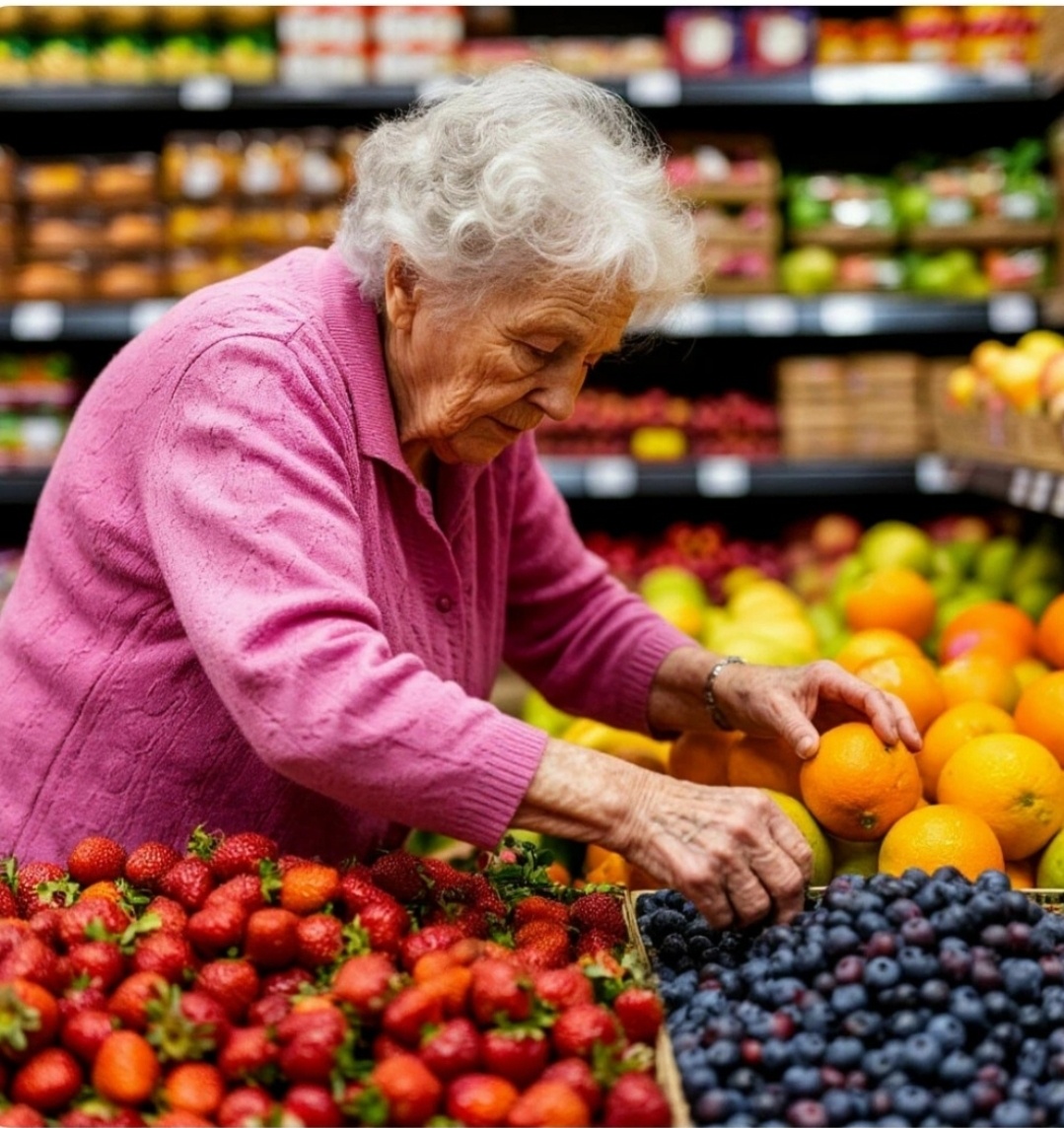 Бабуся выбирает ягодки