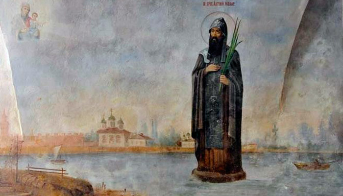 Преподобный Антоний Римлянин на камне, фреска Антониева монастыря (Великий Новгород). Фото: pravoslavie.ru