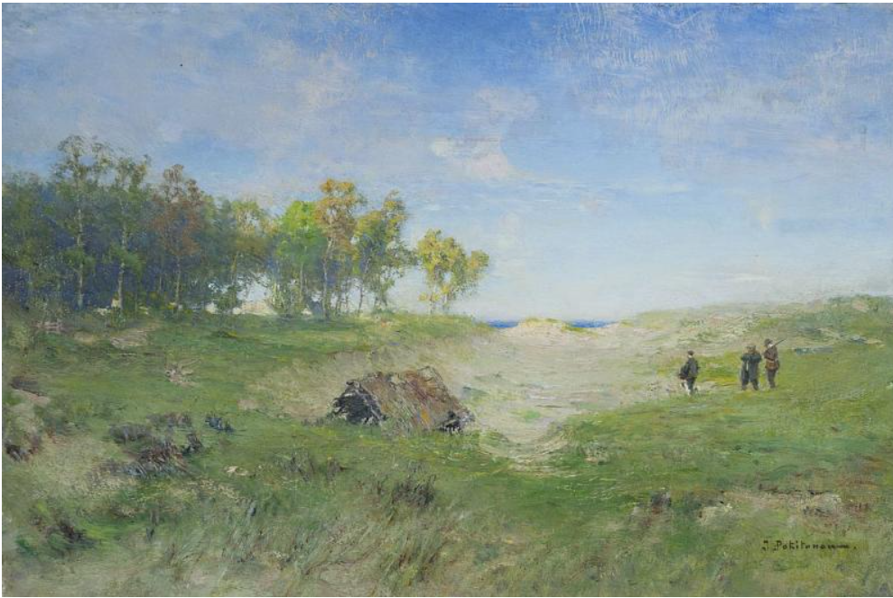 И.П. Похитонов. Охотники у лесной опушки на дюнах. 1890-е. Дерево, масло