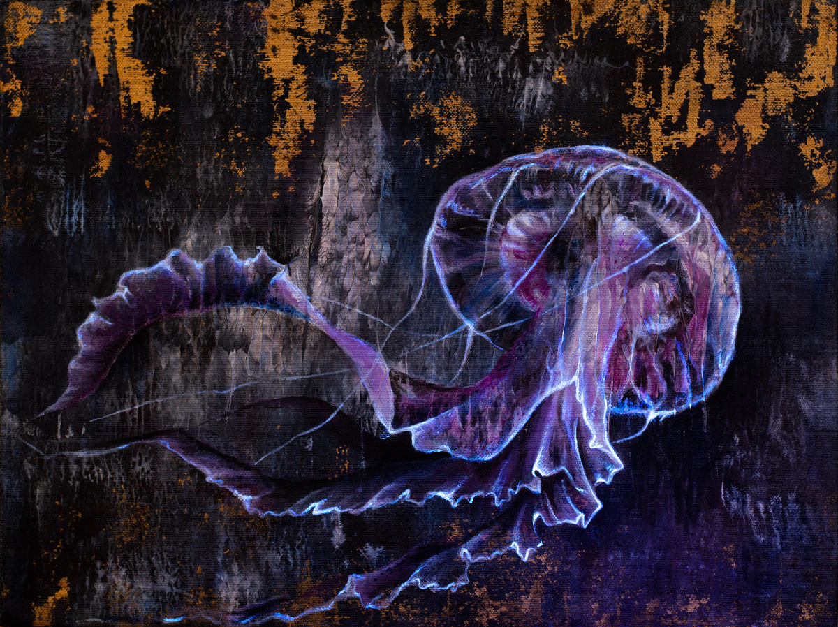 Александра Март, Неоновая медуза. Холст, акрил, поталь, неон, 2024