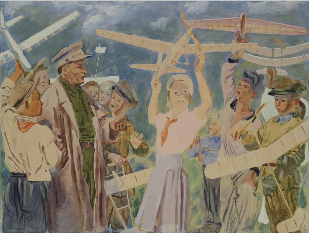 А.Ф. Пахомов. С.М. Kиров среди авиамоделистов. 1932-1934. Акварель